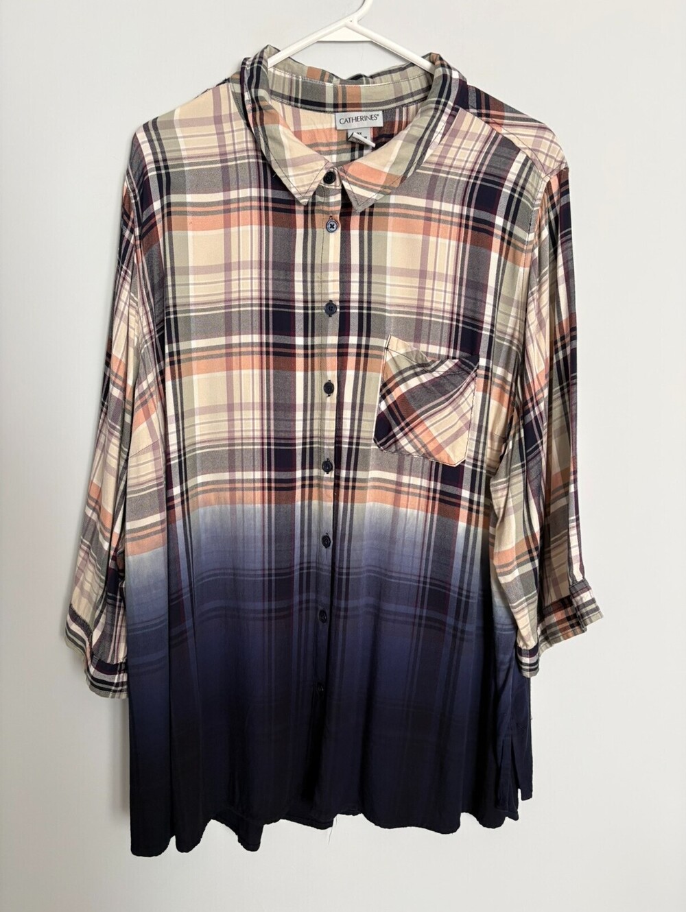 Catherines Tunic Top Womens 3X Navy Peach Plaid Dip Dye Ombre Button Front Shirt